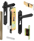 K 5092 Steel and Diecast Security Door Heavy-Duty Keyed-Locking Mortise Handle Set, black finish, multiple disassembled parts displayed