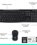 MK270 Wireless Keyboard And Mouse Combo For Windows Two Point Four GHz USB Receiver showing keyboard with shortcuts and media controls.