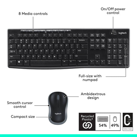 MK270 Wireless Keyboard And Mouse Combo For Windows Two Point Four GHz USB Receiver showing keyboard with shortcuts and media controls.