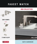 Modern square stainless steel bathroom faucet with matching fixtures from the Ara Collection by Delta.