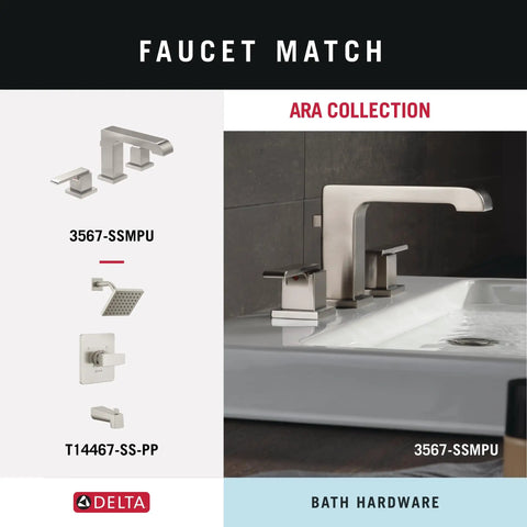 Modern square stainless steel bathroom faucet with matching fixtures from the Ara Collection by Delta.