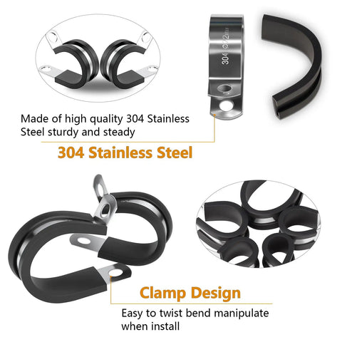 Heavy Duty 304 Stainless Steel Cable Clamps Set With Rubber Cushioned P Clamp Design showing stainless steel and rubber details