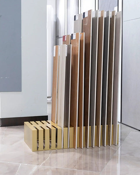 Heavy Duty Tile Display Stand With 28 Deep Sample Slots Built Like A Tank For Flooring Contractors Showroom Ready, showcasing sample tiles.