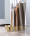 Top Shelf Compact Tile Sample Display Rack Loaded With 28 Deep Slots For Holding Building Materials And Ceramic Tiles Heavy Duty Gold Metal Stand Built Tough For Pros with wooden tile samples.