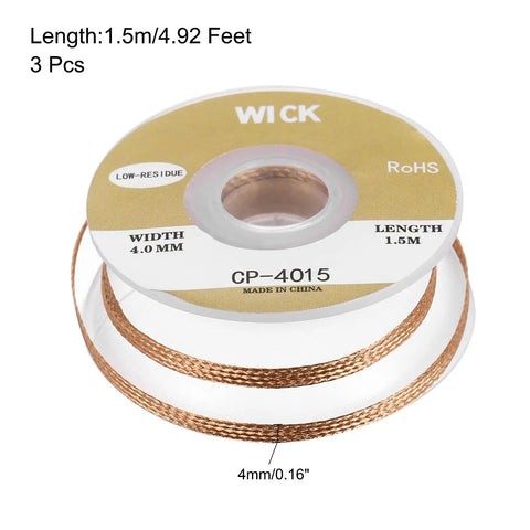 Desoldering Solder Wick Braid No Clean Pro Grade, 0.16 Inch Wide, 5 Feet Long Copper Wick for Removing Solder From PCBs and Electronics