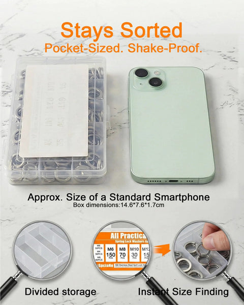 Front view: lock washer assortment kit, 445 pcs in divided plastic box; stainless steel M3–M12, with iPhone for scale