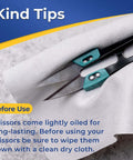 Two 4.2 Inch Ultra Sharp Sewing Scissors With Wide Handle For Easy Grip Thread Snips Two Pack on cloth, showing oiled blades