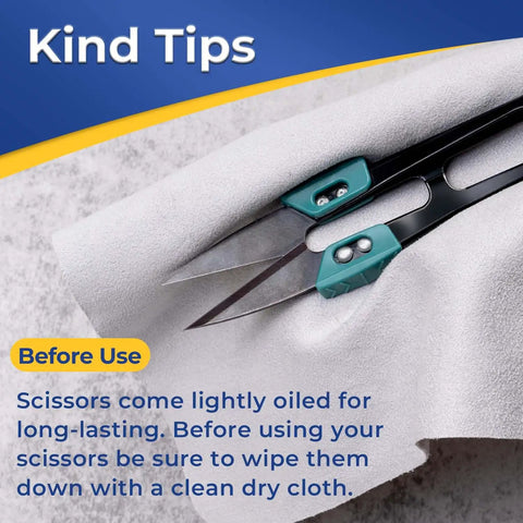 Two 4.2 Inch Ultra Sharp Sewing Scissors With Wide Handle For Easy Grip Thread Snips Two Pack on cloth, showing oiled blades