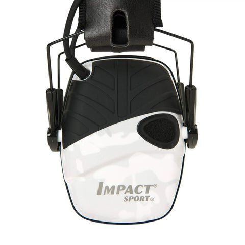 Impact Sport Electronic Shooting Earmuff With Sound Amplification In Multicam Alpine shown in close-up with controls visible