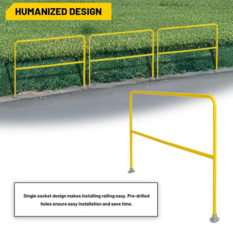 Heavy Duty Industrial Safety Railing 72 Long By 42 High Rock Solid Steel Pipe Guardrail with pre-drilled base for easy installation.