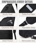 Crossbody Sling Bag For Women And Men With Convertible Shoulder Strap showing details like adjustable strap and earphone hole