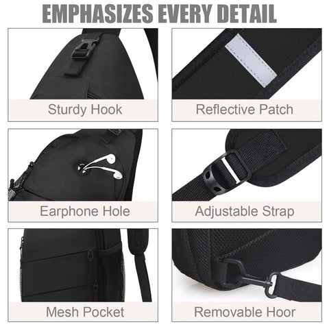 Crossbody Sling Bag For Women And Men With Convertible Shoulder Strap showing details like adjustable strap and earphone hole