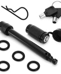Five Eighth Inch Trailer Hitch Lock With Extra Long Four And A Half Inch Span For Three Inch Receivers Plus Two And A Half Inch And Two Inch Adapters Anti Rattle O Rings Locking Hitch Pin To Keep Your Trailer Truck Or Car Safe shown with keys and rings