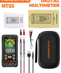 True RMS 10000 Counts Digital Multimeter with accessories, carrying case, and instruction manuals, auto-ranging voltage and current test tools.