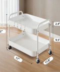 Two Tier Under Desk Storage Cart On Wheels With Built In Handle And Four Side Hooks, metal trolley with dimensions in home setting