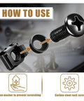 Rack Mount Screw Cage Nut Kit M6x16mm, 50 Full Sets For Quick Install, Pro Grade Rack Hardware For Easy Server Cabinet And Network Rack Mounting, Standard Size Fits Most Racks, Includes Screws, Cage Nuts, And Washers. How-to-use graphic with screw, cage nut, and nylon washer