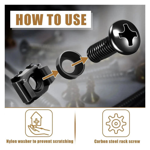 Rack Mount Screw Cage Nut Kit M6x16mm, 50 Full Sets For Quick Install, Pro Grade Rack Hardware For Easy Server Cabinet And Network Rack Mounting, Standard Size Fits Most Racks, Includes Screws, Cage Nuts, And Washers. How-to-use graphic with screw, cage nut, and nylon washer