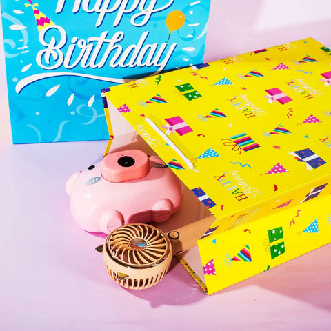 Birthday Gift Bag Set With Handle And Tissue Paper, 12 Pack Assorted Sizes And Designs; yellow gift bag with colorful patterns