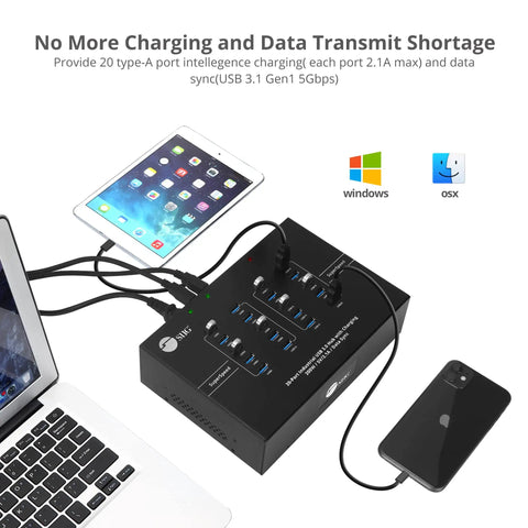 Heavy Duty Industrial USB 3.0 Hub With 20 Ports Delivers Slap 5Gbps Transfer Speeds And Badass 200W Charging Station connected to laptop and tablet.