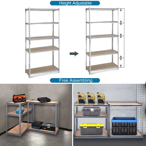 Built Tough Five Tier Storage Shelves With Thick Durable Mdf Boards And Reinforced Steel Frame Fully Adjustable Heavy Duty Shelving Unit For Garage Kitchen Or Office Rock Solid Silver Rack