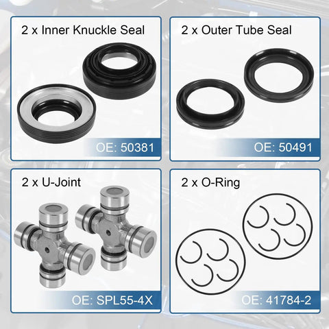 Ford Front Axle Seal And U Joint Kit For F250 F350 F450 F550 Beefed Up Heavy Duty Super Duty And Excursion With Dana 50 60 1998 To 2005 Replacement 2002692 50381 50491 SPL55 4X 41784 2 inner knuckle seal outer tube seal U-joint O-ring