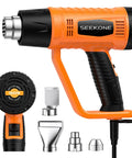 Powerful 1800W heat gun with dual temps 752F and 1112F, four nozzles, black and orange body, overheat protection for DIY projects.