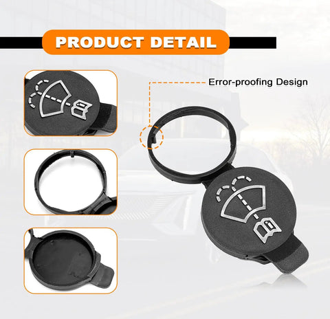 No Fuss Easy Install Windshield Washer Fluid Reservoir Cap Replacement For Buick Enclave Envision Regal LaCrosse Allure Verano Encore And GMC Acadia Canyon Sierra Cadillac Models OE 12767700 13227300, close-up view showing black plastic cap with windshield icon.