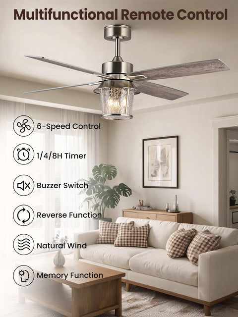 TALOYA 52" Farmhouse Ceiling Fan with Light and Remote,Rustic Style in living room with wooden furniture and plants.