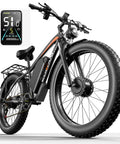 Dual Motor Fat Tire Electric Bike For Adults, 6000W Peak Power, 51 MPH Top Speed, showcased with digital display and fat tires.