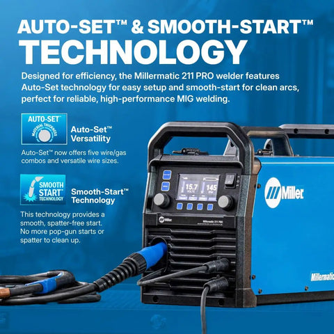 Dual-Voltage MIG Welder With Dyna-Pulse MIG Auto-Set And Program Modes for Aluminum, featuring Auto-Set and Smooth-Start.