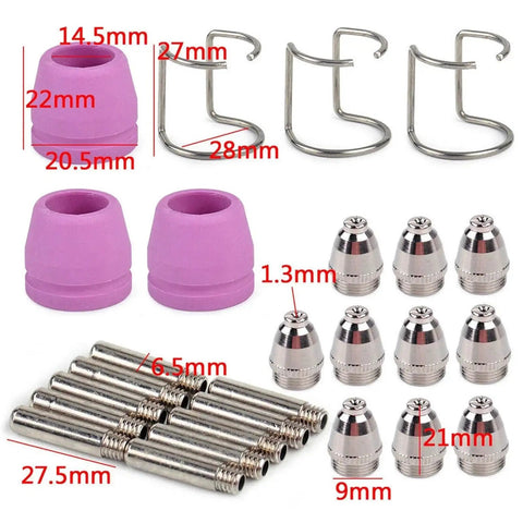 Top Tier Plasma Cutter Consumable Replacement Kit For WSD60 G55 And 60A AG-60 Torch includes nozzles, tips, and holders.