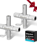 4-Way Sillcock Key Set, 2-Pack For Valve, Faucet, And Spigot Shutoff, Go-To Handy Tool For Emergency Prep, Compact, Durable Construction, Easy To Store In Your Kit. two steel keys with 1/4, 9/32, 5/16, 11/32 sizes and box