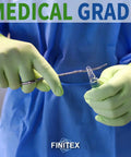 Green nitrile disposable gloves, small size, 3.5 mil, powder-free, close-up view with vial and scissors.