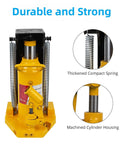 Heavy Duty Hydraulic Toe Jack Delivering Solid 20 Ton Lift With Easy Squeeze Pump For Farm Rigs And Garage Builds Built Like A Brick House In Safety Yellow Color showing thickened spring and machined cylinder housing.