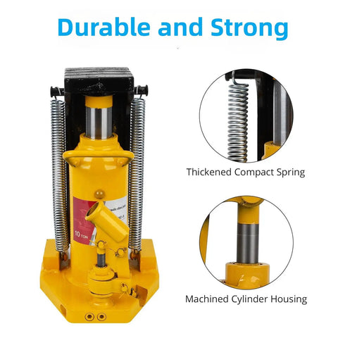 Heavy Duty Hydraulic Toe Jack Delivering Solid 20 Ton Lift With Easy Squeeze Pump For Farm Rigs And Garage Builds Built Like A Brick House In Safety Yellow Color showing thickened spring and machined cylinder housing.