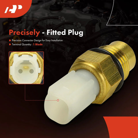 A-Premium engine coolant temperature sensor, white 1-pin plastic connector with brass threaded housing, close-up view.
