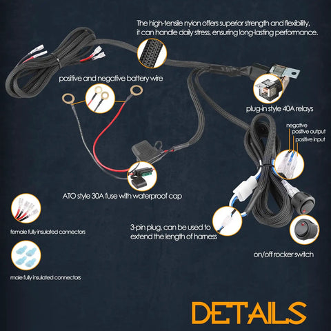 Two Lead Wiring Harness Kit 12V 40A Relay With Nylon Jacket, Plug-in 40A Relay, ATO Style Fuse, and Red Rocker Switch