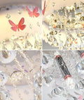 Close-up of Pink Butterfly LED Crystal Chandelier Flush Mount Ceiling Light With Drum Shade showing butterflies and crystals
