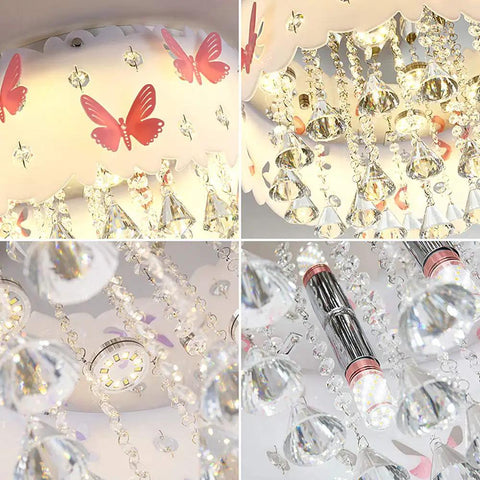 Close-up of Pink Butterfly LED Crystal Chandelier Flush Mount Ceiling Light With Drum Shade showing butterflies and crystals