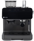 Next Level Semi Automatic Espresso Machine With Built In Grinder Steam Frother Featuring Italian Made 15 Bar Pump For Straight Up Perfect Shots Plus Wifi Connected Custom Brewing In Slick Black front view showing grinder and steam wand.