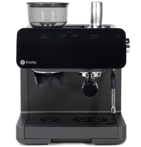 Next Level Semi Automatic Espresso Machine With Built In Grinder Steam Frother Featuring Italian Made 15 Bar Pump For Straight Up Perfect Shots Plus Wifi Connected Custom Brewing In Slick Black front view showing grinder and steam wand.