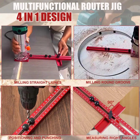 Heavy Duty Adjustable Router Jig For Dead On Circle Cuts And Clean Grooves With Slick Sliding Rail And Anodized Aluminum Body demonstrating 4 in 1 use.