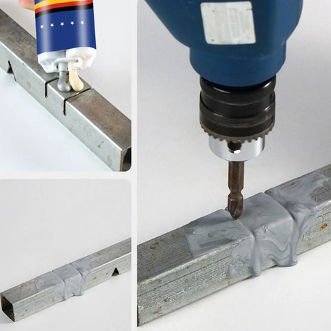 Application of Two Part Pro Grade Industrial Strength Metal Bonding Paste For Structural Restoration High Temperature Adhesive Gel With Hardener Cold Weld Sealant For Pipes And Tough Surfaces Permanent Weld Substitute Without Welding Equipment on metal surface.