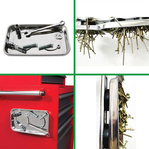 4 Piece Magnetic Tool Tray Set With Red Wristband And 15 Mighty Magnets showing use in workshop, large stainless steel tray with screws