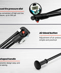 Digital Shock Pump For Mountain Bikes With 300 Psi High Pressure Front Fork And Rear Suspension Air Pump Digital Display Fits Schrader And Presta Valves Ride Ready Tool demonstrating features.