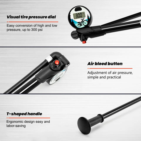 Digital Shock Pump For Mountain Bikes With 300 Psi High Pressure Front Fork And Rear Suspension Air Pump Digital Display Fits Schrader And Presta Valves Ride Ready Tool demonstrating features.