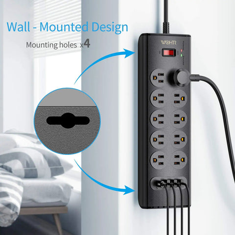 Power Strip With 20W USB C PD Fast Charge, 10 AC Outlets And 4 USB Ports, wall-mounted in a home office setting