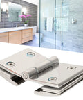 Heavy Duty Stainless Steel Glass Door Hinges With Slick Polished Finish Zero Hassle Installation Rock Sturdy Toughened Glass Furniture Hardware in a modern bathroom setting.