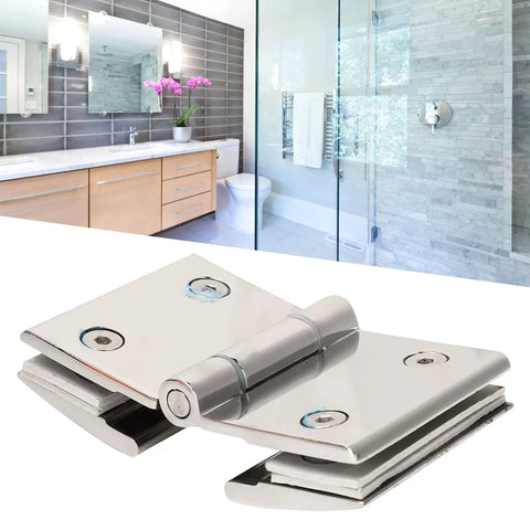 Heavy Duty Stainless Steel Glass Door Hinges With Slick Polished Finish Zero Hassle Installation Rock Sturdy Toughened Glass Furniture Hardware in a modern bathroom setting.
