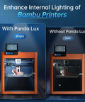 Comparison of a Bambu 3D printer with and without the BIQU Panda Lux LED Light Strip Upgrade Kit For Bambu Lab P1S P1P X1C X1E